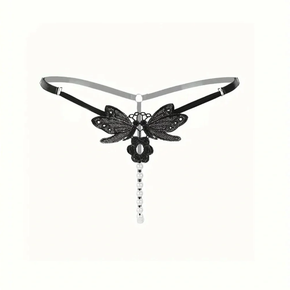 Black Butterfly‎ Embroidery Thongs Hollow Out Faux Pearl Panties One Size